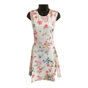 Karl Lagerfeld white jacquard print floral pink green rose fit & flare dress sz8